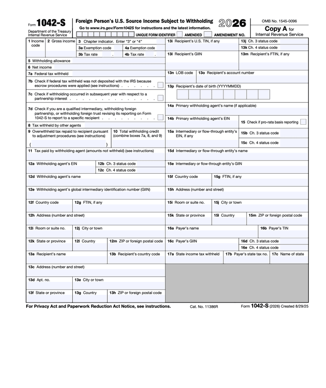 1042-S – Foreign Person’s U.S. Source Income Subject to Withholding