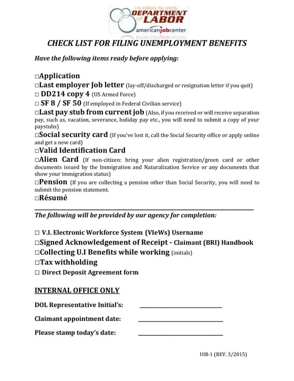 UIB-1 Unemployment Benefits Application U.S. Virgin Islands