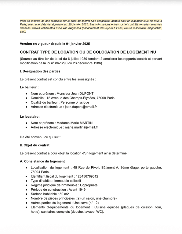 French Rental Agreement Template – Contrat Type de Location ou de Colocation de Logement Nu