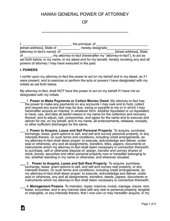 Hawaii General Power of Attorney for Personal Affairs Management