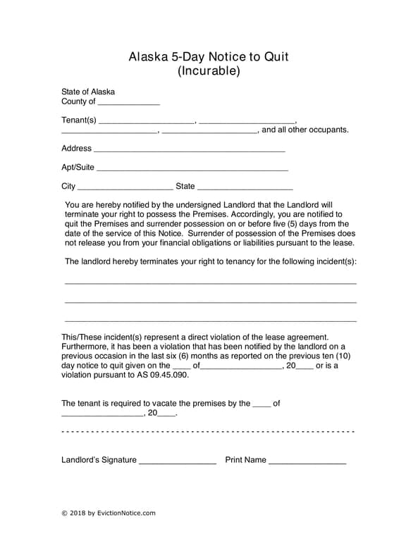 Alaska 5-Day Notice to Quit - Landlord Eviction Notice for Incurable Lease Violations