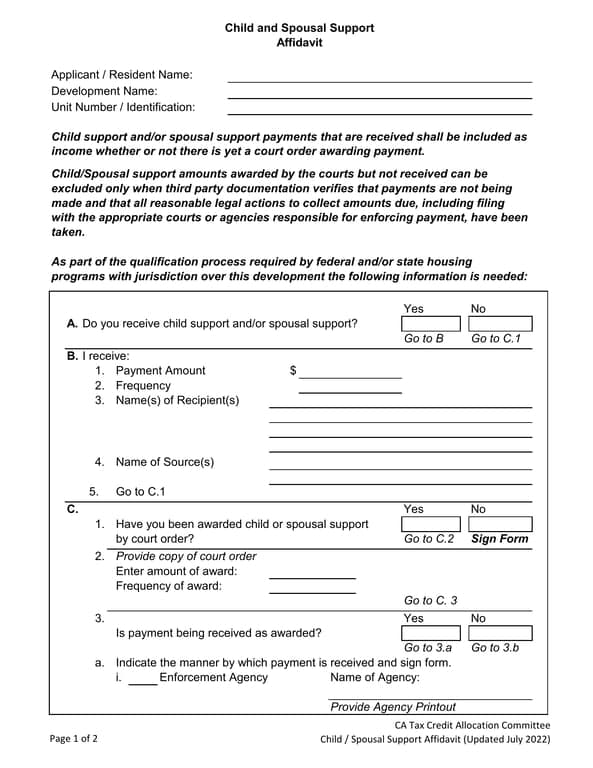 California Affidavit of Support - Verification of Child and Spousal Support Payments