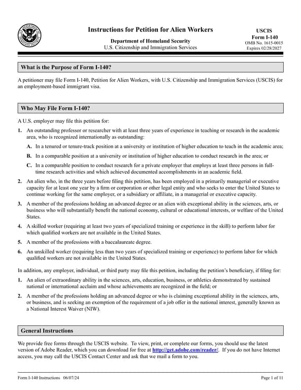 USCIS I-140 Petition for Alien Workers by US Employers