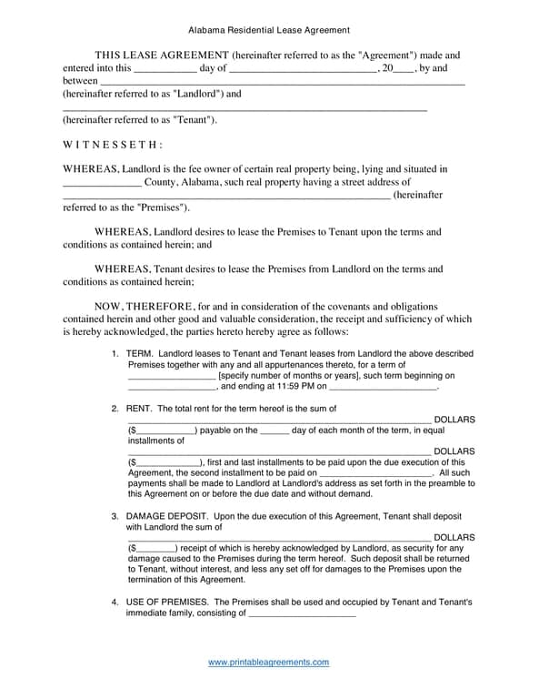 Alabama Residential Lease Agreement Overview