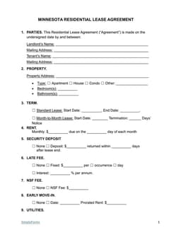 Minnesota Residential Lease Agreement Basic Terms and Policies form preview