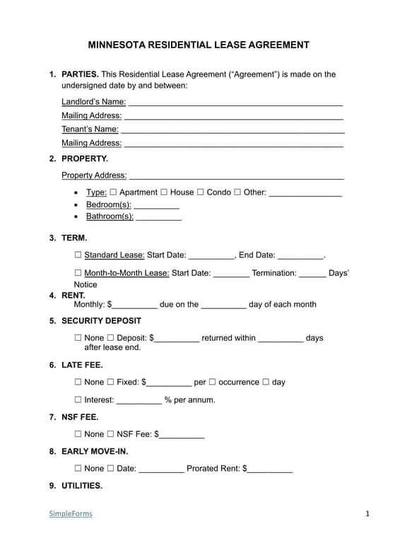 Get the most current Minnesota Residential Lease Agreement Basic Terms and Policies form now