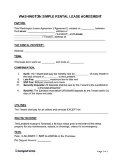 Washington Simple Rental Lease Agreement Details form preview