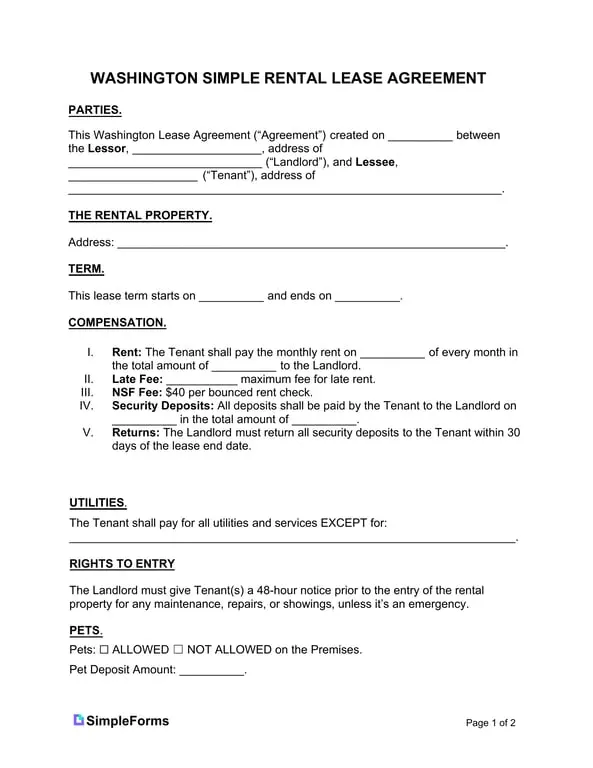 Get the most current Washington Simple Rental Lease Agreement Details form now