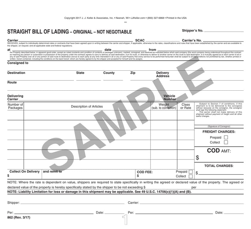 Delaware Straight Bill of Lading - Contract for Shipment Receipt and Delivery