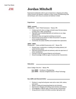 Woodworking resume form preview