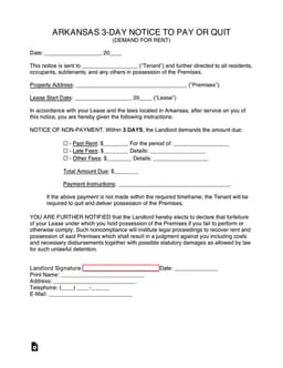 Arkansas 3-Day Notice to Pay Rent or Quit Residential Premises form preview