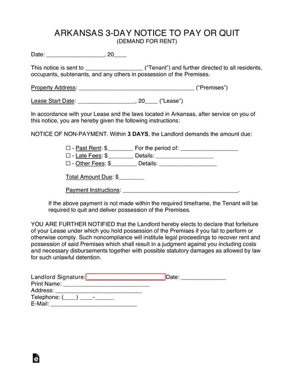 Arkansas 3-Day Notice to Pay Rent or Quit Residential Premises