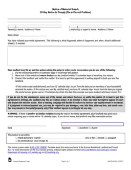 Arizona 10-Day Notice to Comply or Vacate Breach Notice form preview