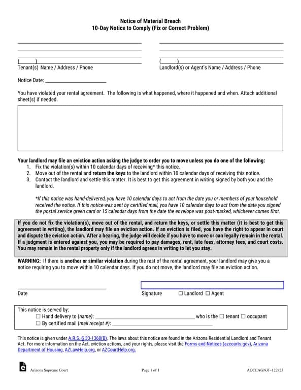 Arizona 10-Day Notice to Comply or Vacate Breach Notice