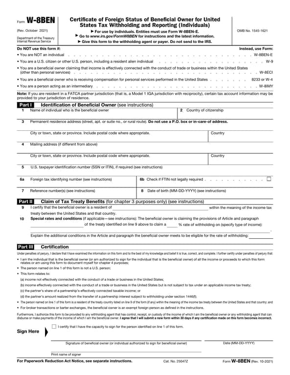 W8BEN - Certificate of Foreign Status for US Tax Procedures