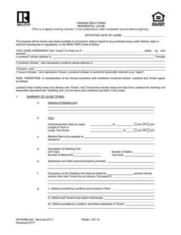 Virginia Realtors Residential Lease Agreement VR Form 200 form preview