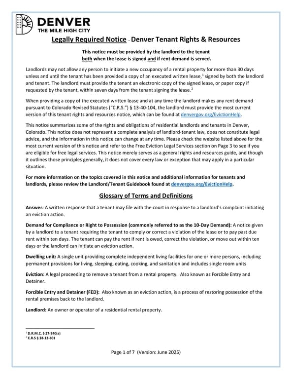 Denver Tenant Rights & Resources Notice - Mandatory for Colorado Landlords Under Statute § 13-40-104