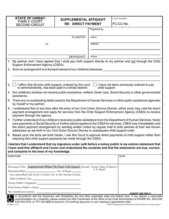 Hawaii Child Support Direct Payment Affidavit