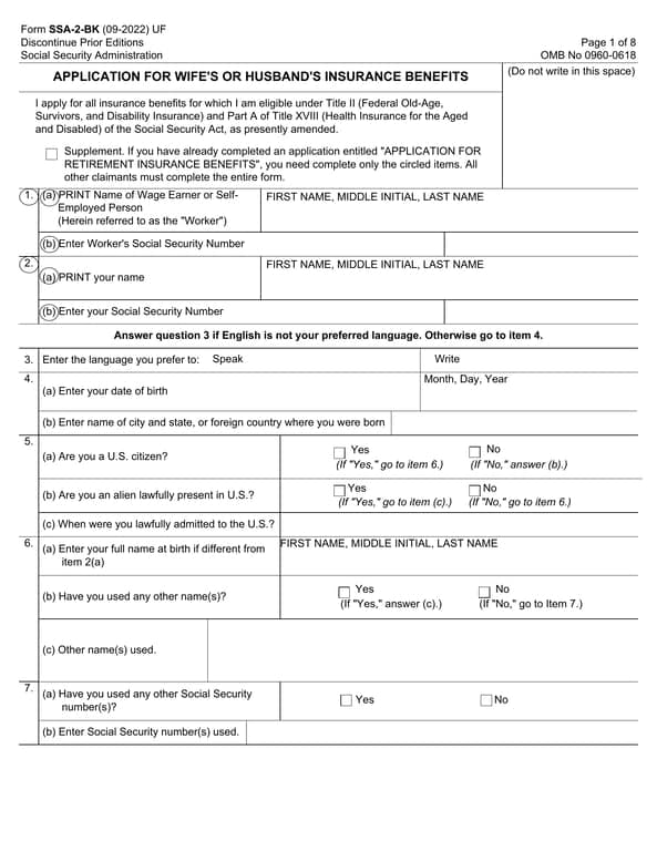 SSA-2-BK Application for Insurance Benefits and Health Insurance for the Aged and Disabled