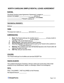 North Carolina Basic Rental Lease Agreement Details form preview