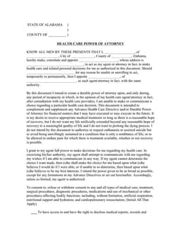 Alabama Health Care Power of Attorney - Decisions During Incapacity form preview