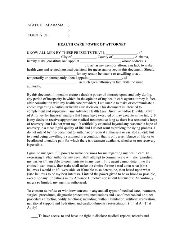 Alabama Health Care Power of Attorney - Decisions During Incapacity