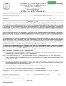 Alabama NR-AF1 Seller's Residence Affidavit - For Confirming Residency and Property Sale Regulations form preview