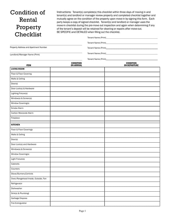 Rental Property Condition Checklist Holiday Colorado