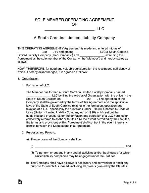 Get the most current South Carolina LLC Operating Agreement - Legal Document for Business Agreement Compliance form now