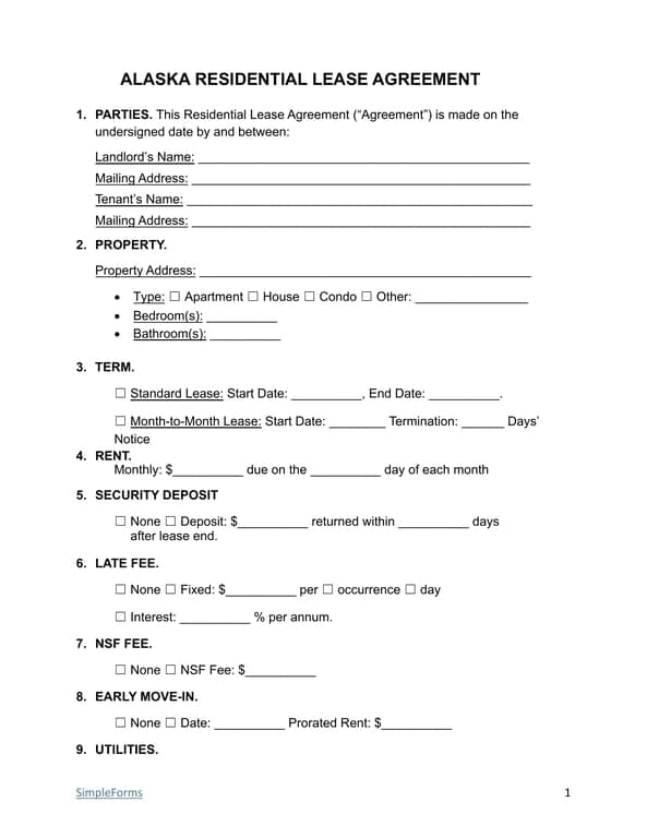 Alaska Residential Lease Agreement Key Details