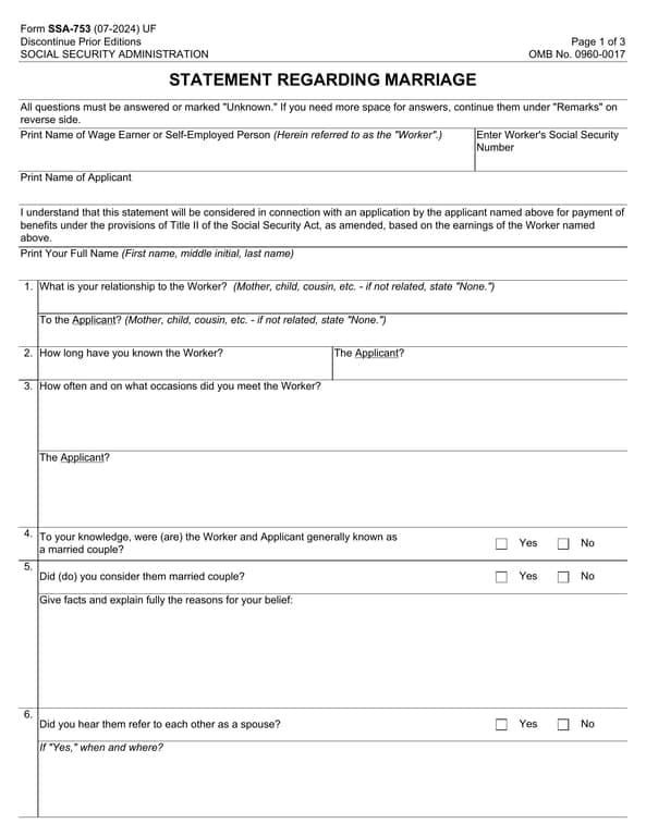 Get the most current SSA-753 Statement Regarding Marriage - Social Security Administration form now