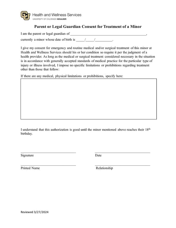 Colorado Child Medical Consent and Travel - Parental Agreement for Minor's Treatment Until 18