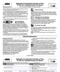 4868 – Application for Automatic Extension of Time To File U.S. Individual Income Tax Return form preview