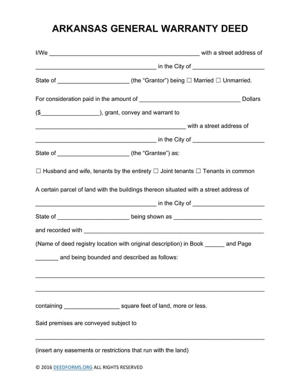 Arkansas Real Estate Ownership Transfer - General Warranty Deed by DeedForms.org