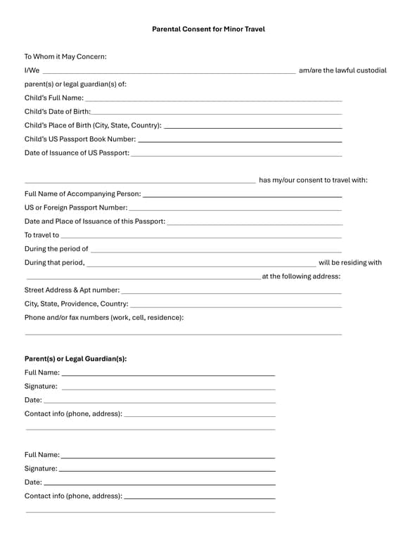 California Parental Consent for Minor International Travel Details
