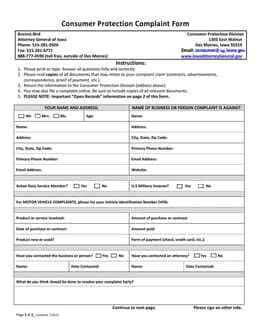 Iowa Consumer Protection Division Complaint Submission form preview