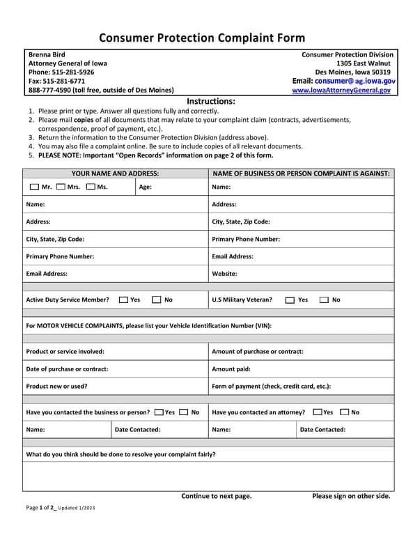 Iowa Consumer Protection Division Complaint Submission