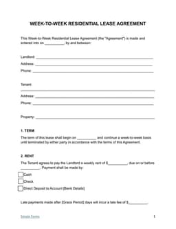 Week to Week Residential Lease Agreement form preview