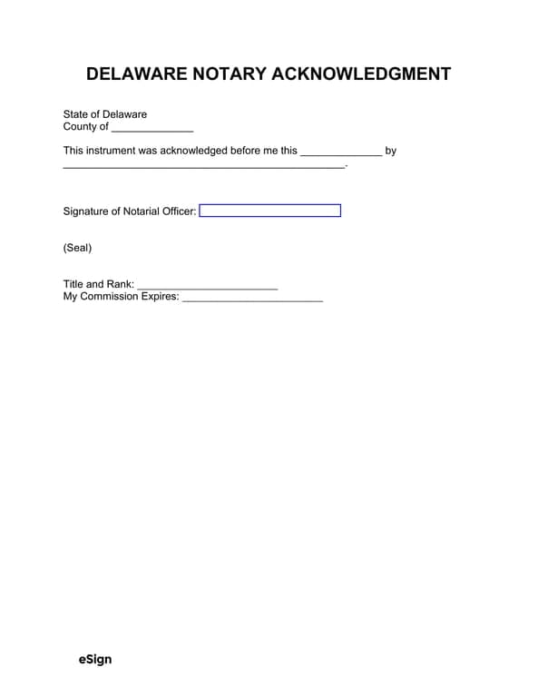 Delaware Notary Acknowledgment Official Certification Document