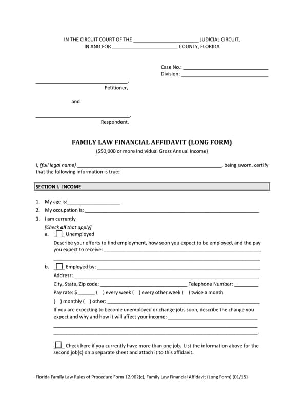 Florida Financial Affidavit Long Form for Family Law Cases