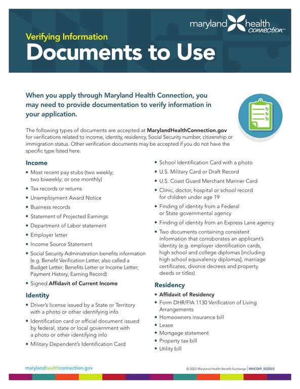 Maryland Health Connection Identity Affidavit - Income and Residency Verification for Health Benefits Exchange