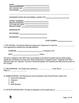 California Superior Court Marital Settlement Agreement form preview