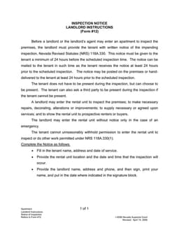 Nevada Inspection Notice #12 - Landlord Entry Notification for Tenants form preview