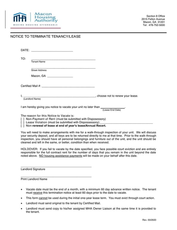 Georgia Mutual Lease Termination Agreement with Housing Assistance Clause