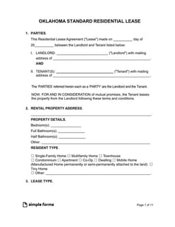 Oklahoma Residential Lease Agreement Details and Specifications form preview