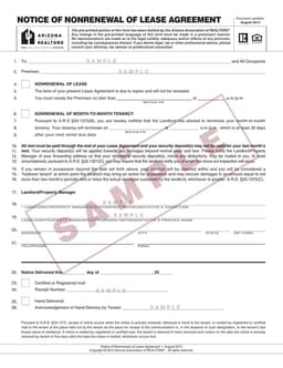 Arizona Lease Nonrenewal Notice A.R.S §33-1375(B) by Arizona Association of Realtors form preview