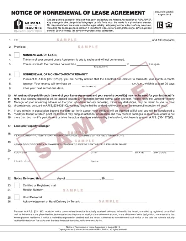 Arizona Lease Nonrenewal Notice A.R.S §33-1375(B) by Arizona Association of Realtors