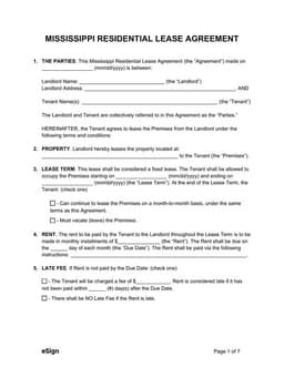 Mississippi Residential Lease Agreement Details and Terms form preview