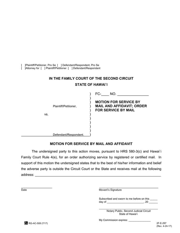 Hawaii Mail Service Affidavit - HRS 580-3(c) Family Court Rule 4(e)