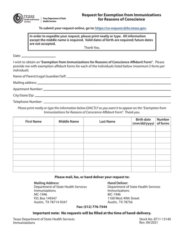 Vaccination Exemption Request Affidavit - Department of State Health Services